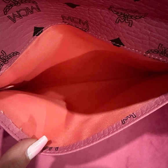 MCM Pink Logo Clutch with Gold Chain and box